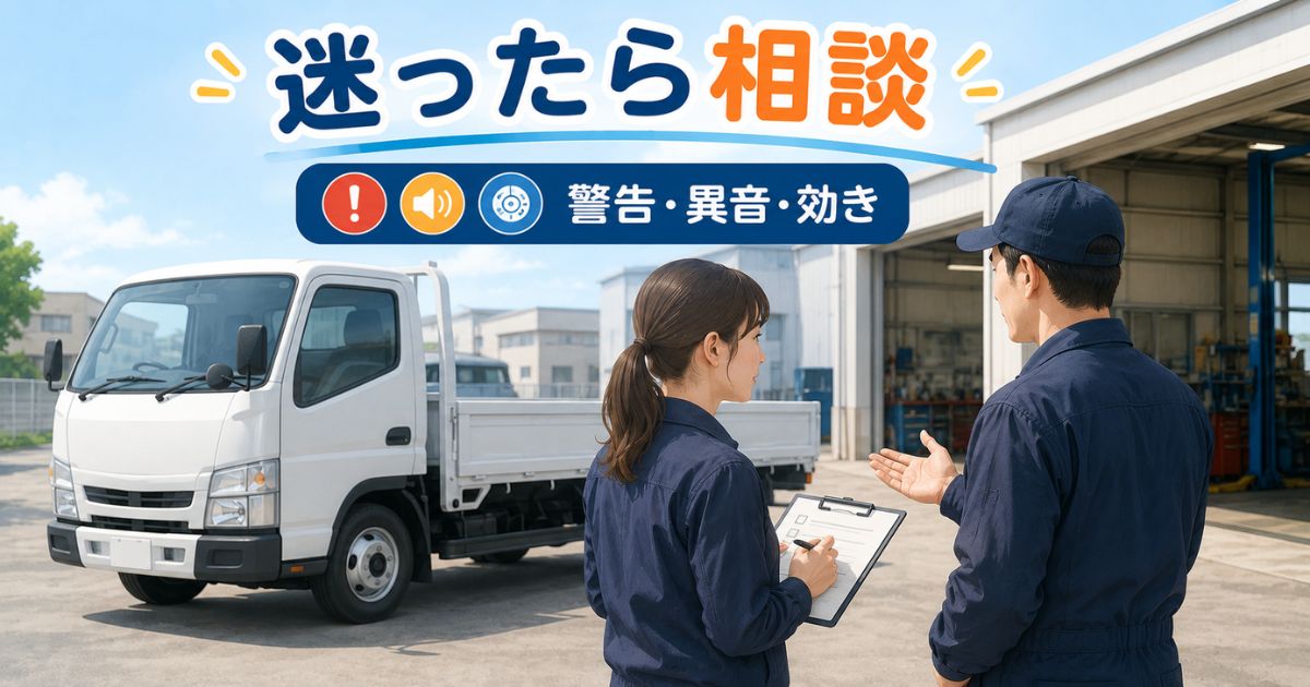 サイドブレーキや警告灯に不安があるときに点検メモを持って整備担当者へ相談する様子