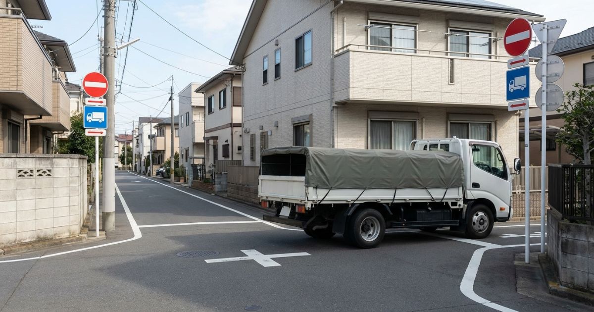 市街地の交差点手前で標識を確認しながら走行するトラックのイメージ