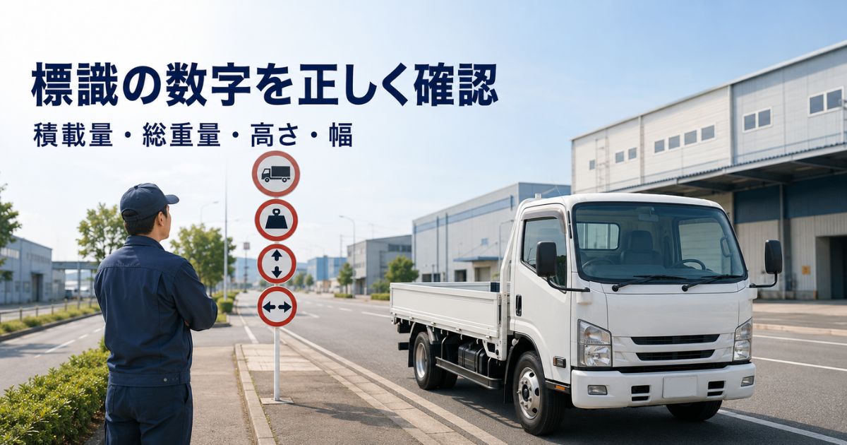 トラックを安全に停車し、標識の種類と積載量・総重量・高さ・幅を確認する場面