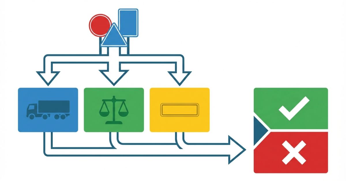 標識判断は車両区分・重量・補助標識を照合して決めることを示す図解