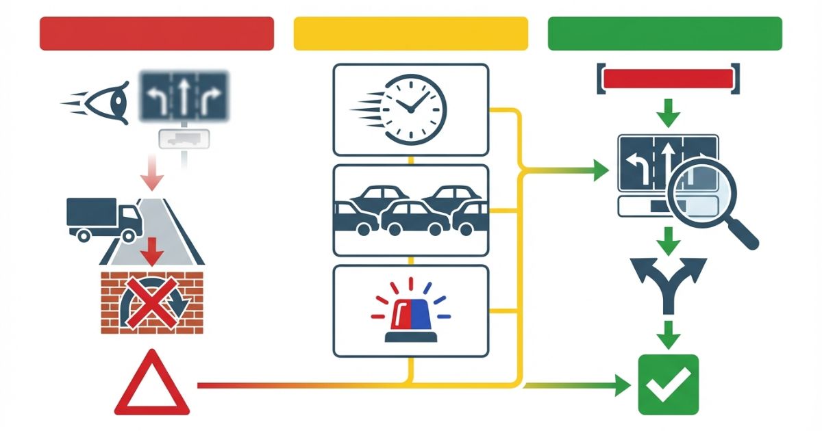 補助標識の見落としなどによる失敗リスクと安全側の回避行動を示す図解