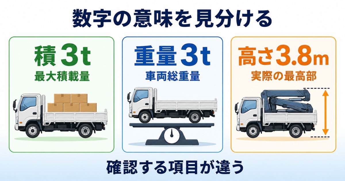 積3tは最大積載量、重量3tは車両総重量、高さ3.8mは実際の最高部を確認する違い