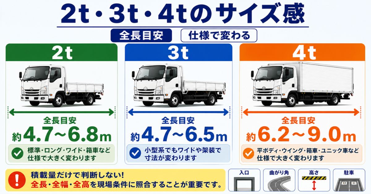 2t・3t・4tトラックの全長目安とサイズ感の違いを比較する図解