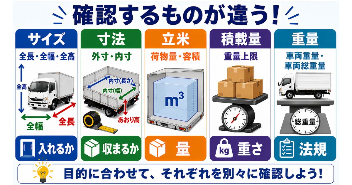 サイズ・寸法・立米・積載量・重量で確認する内容が違うことを整理した図解