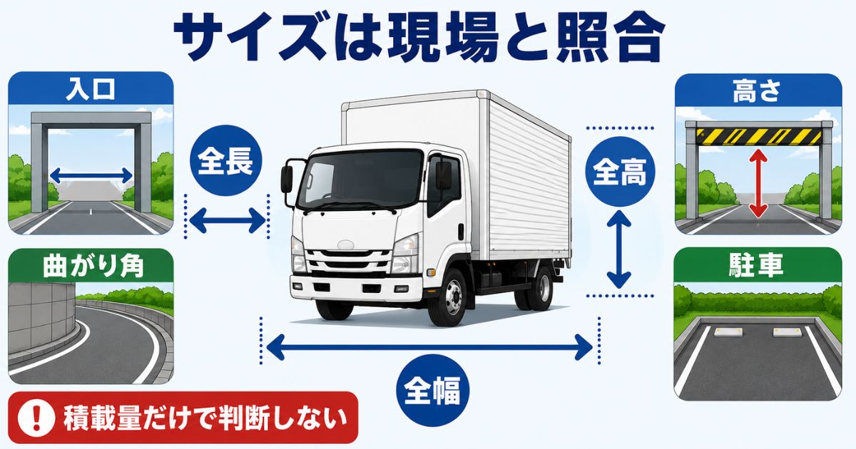 トラックサイズは積載量だけでなく全長・全幅・全高を現場条件と照合して判断することを示す図解