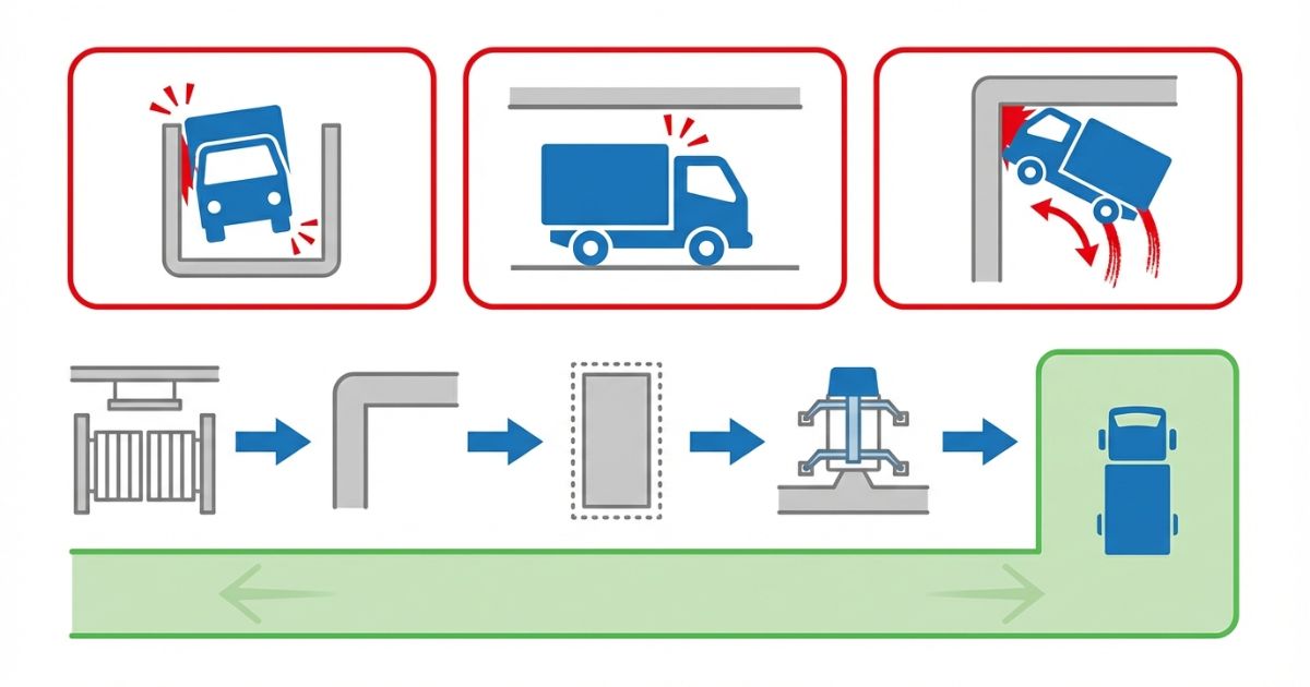  幅・高さ・曲がり角で起きやすいサイズ照合の失敗例と回避フローを示す図解