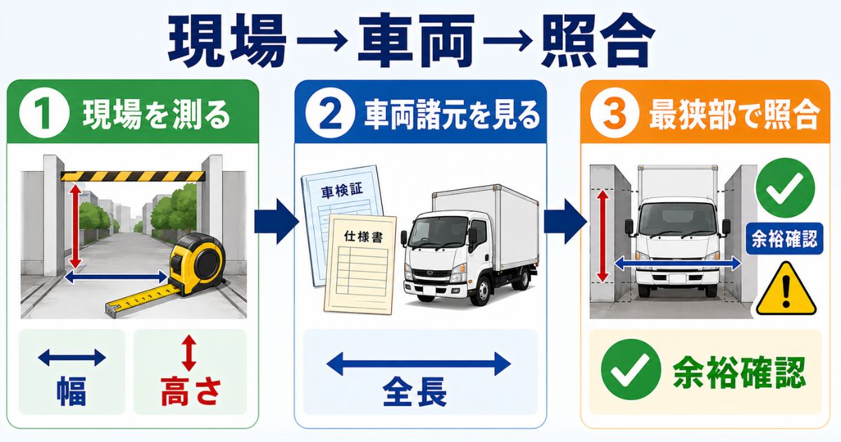 現場を測り車両諸元を確認して最狭部で照合するトラックサイズ確認手順の図解