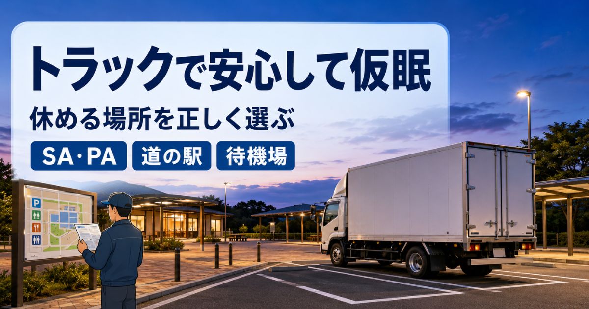 SA・PAの指定区画にトラックを停め、安心して仮眠できる場所を確認する様子