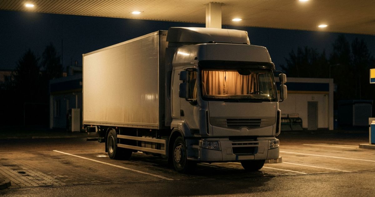 夜の休憩施設でトラックが静かに停車する仮眠前の雰囲気を表す写真風イメージ