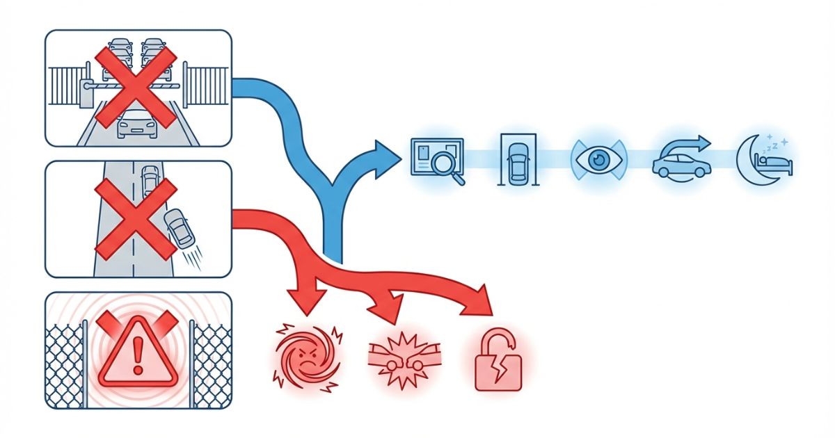 出入口・路肩・私有地などの失敗例と安全側の確認手順を示す図解