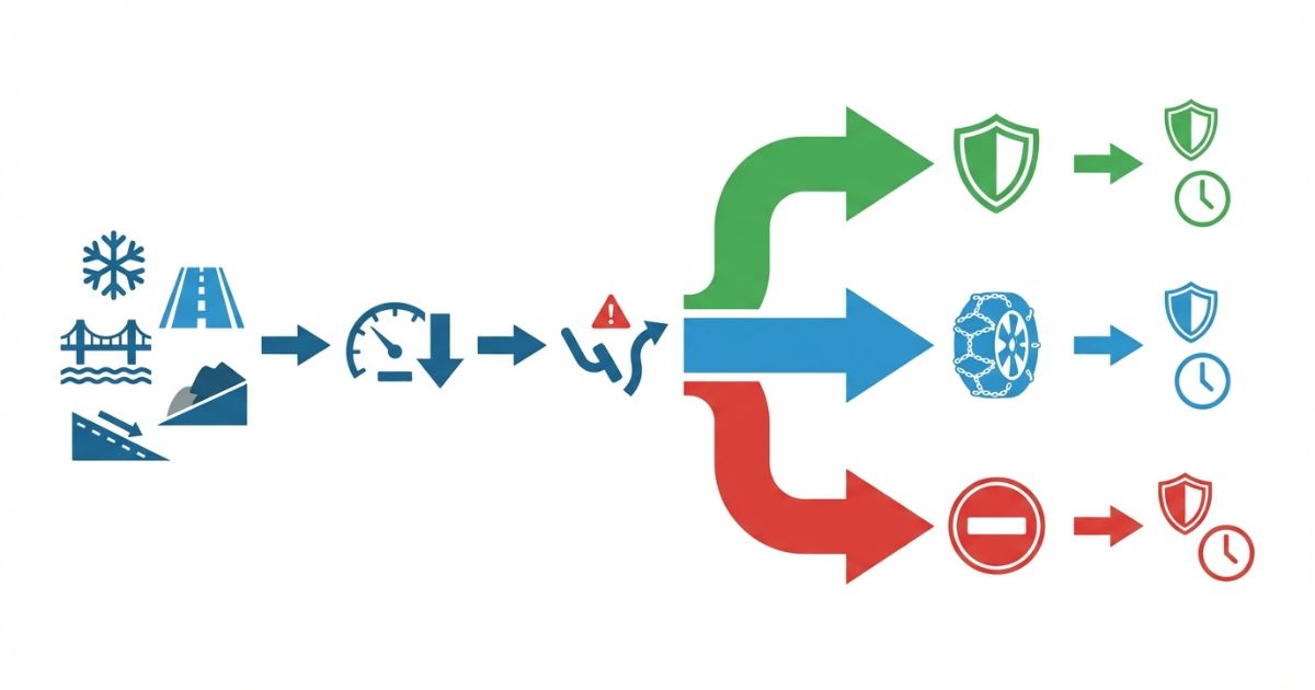 急ブレーキ回避を主軸に走行継続とチェーン装着と見合わせを判断する流れの図解