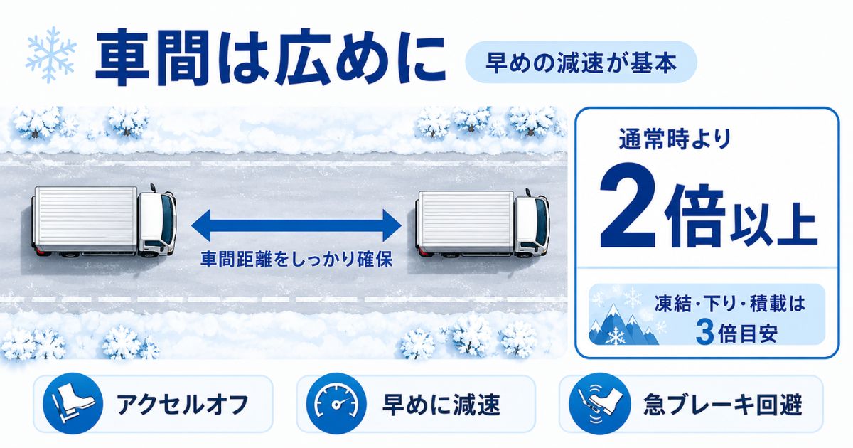 雪道のトラック運転で車間距離を通常時の2倍以上に広げる目安を示す図解