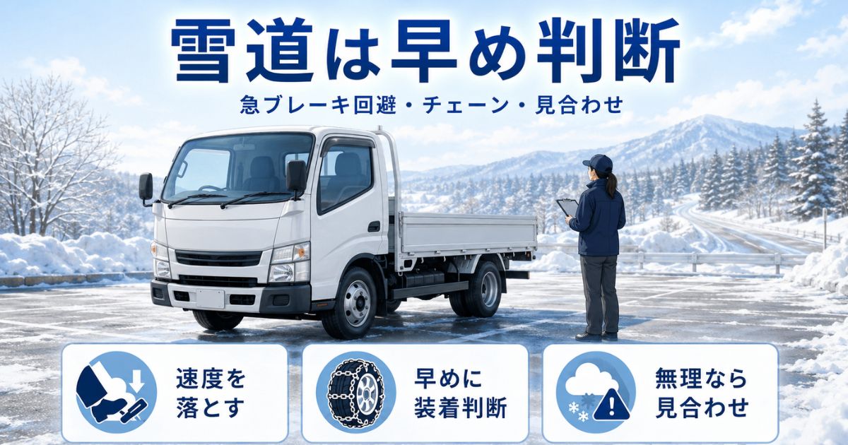 雪道で急ブレーキ回避とチェーン装着と見合わせを早めに判断するトラック運行のイメージ