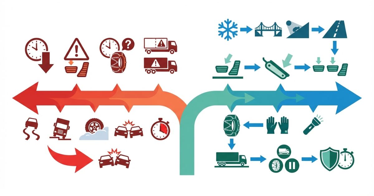 減速開始遅れや急ブレーキやチェーン判断遅れなどの失敗分岐と安全側の行動を示す図解