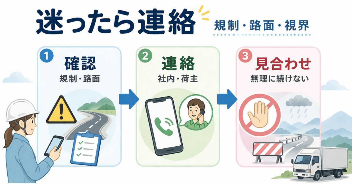 雪道で規制や路面や視界を確認し連絡して運行見合わせを判断する流れの図解