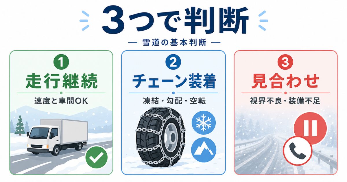 トラックの雪道走行を走行継続とチェーン装着と見合わせの3つで判断する図解