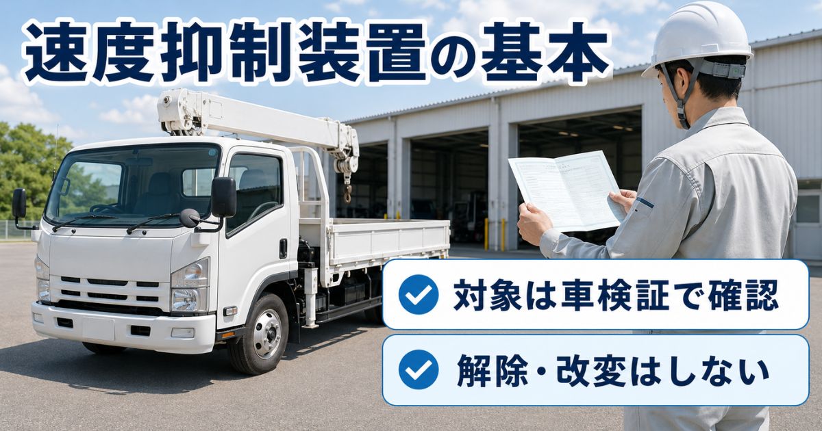 無地のクレーン付きトラックと車検証を確認する担当者が、速度抑制装置の対象確認と解除・改変禁止を示している