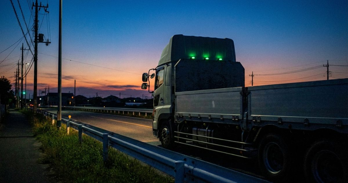 夜間走行中に小さな緑色の表示灯が見えるトラックの雰囲気イメージ