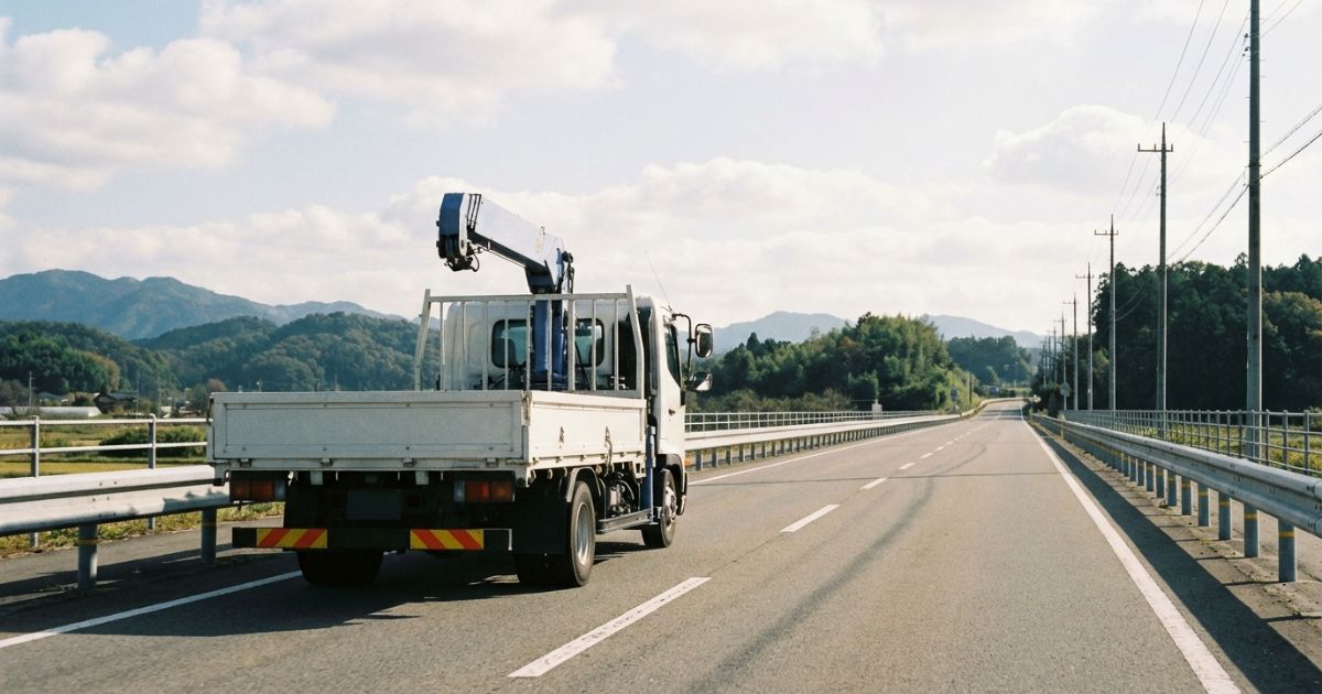 速度抑制装置を意識した安全運行のイメージとして走行するクレーン付きトラック
