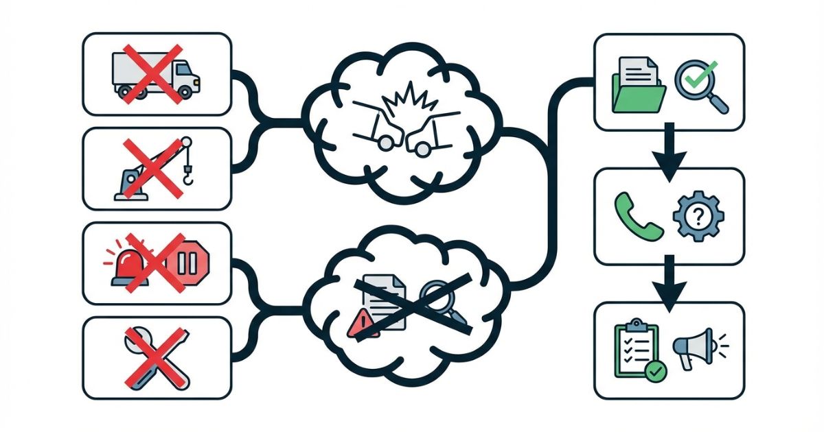 2tだから不要などの誤判断が事故・違反リスクにつながることと回避手順を示す図解