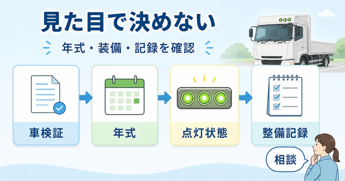 中古トラックや旧年式ユニック車で車検証、年式、点灯状態、整備記録を確認する流れを示す図解