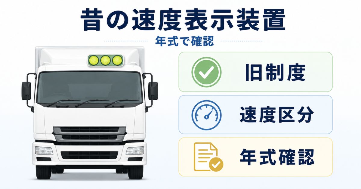 古い大型トラックの速度表示灯は旧制度の速度区分表示装置であることを示す図解