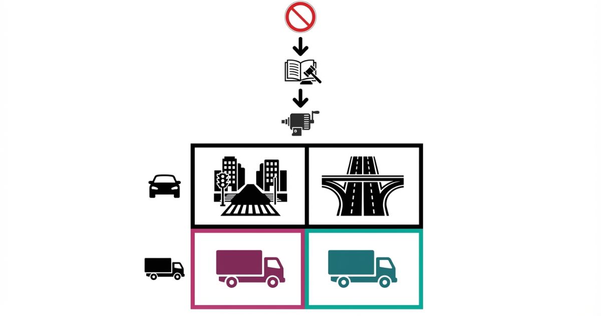車両区分と道路種別で守る上限を判断し標識と法定上限とリミッターの優先関係も示す文字なし図解
