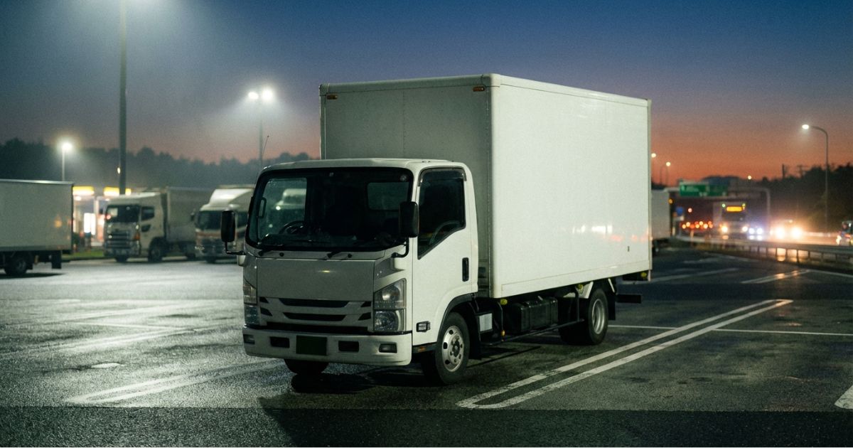 早朝のサービスエリアで休息中のトラックの写真風イメージ