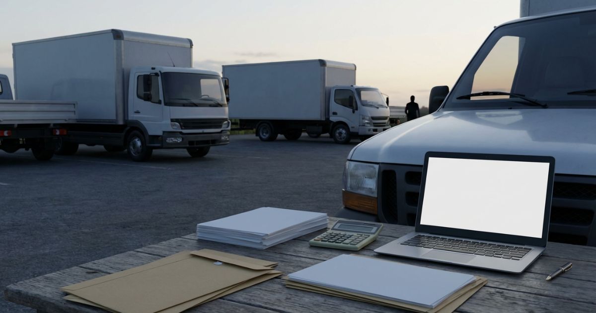 トラック購入や決算前に耐用年数と減価償却を確認している雰囲気が伝わる写真風画像