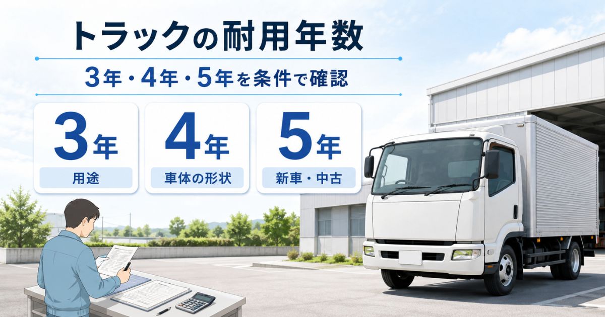 無地のトラックと書類を確認する担当者に3年・4年・5年の耐用年数を重ねた構成