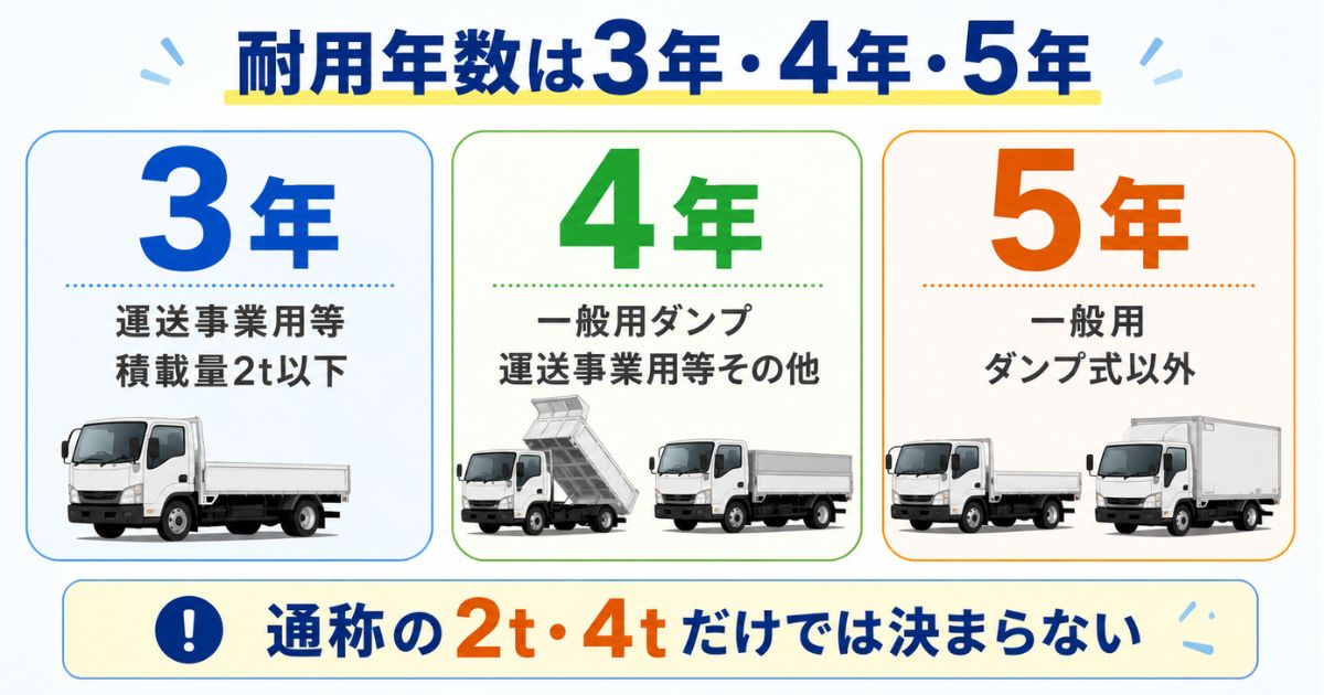 トラックの法定耐用年数を3年・4年・5年の条件別に整理した比較図解