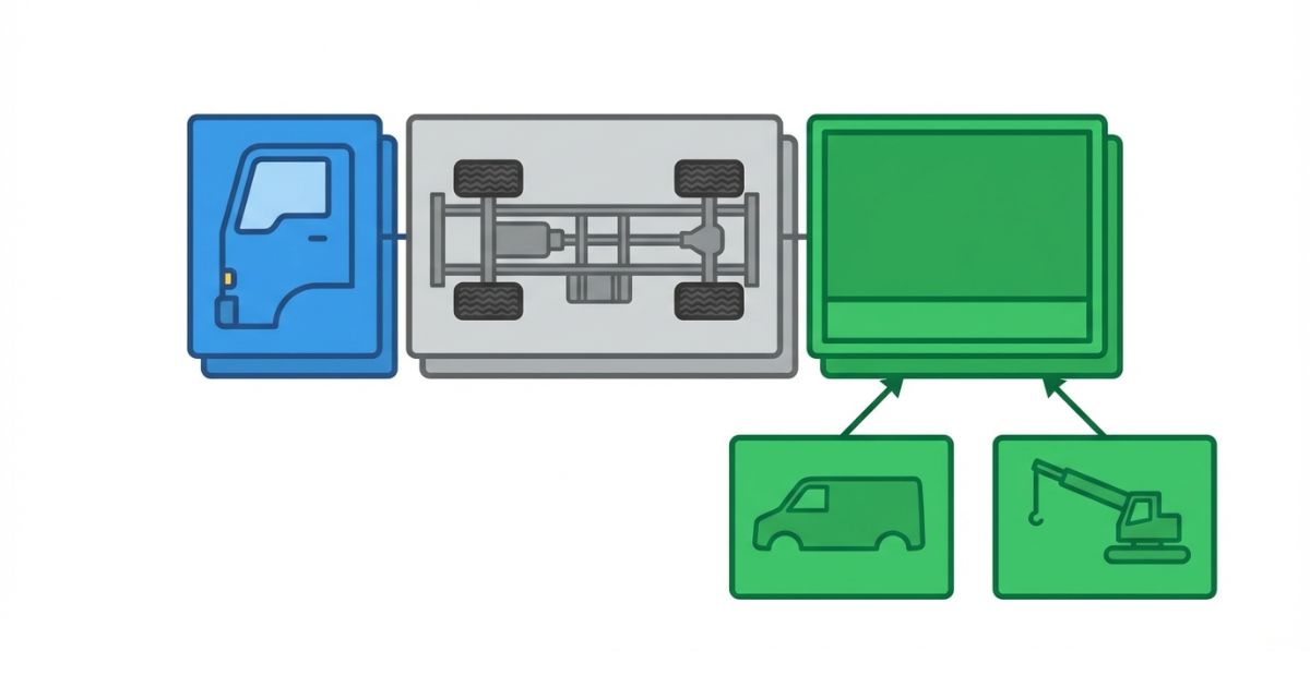 トラックの基本3要素（キャブ・シャーシ・荷台）を色分けで示す図解