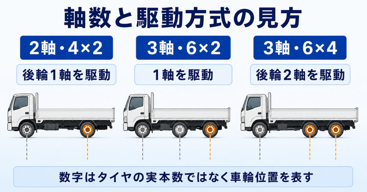 2軸4×2・3軸6×2・3軸6×4の車軸数と駆動輪の違いを比較した図解