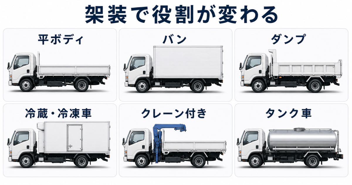 平ボディ・バン・ダンプ・冷蔵冷凍車・クレーン付き・タンク車の架装構造を比較した図解