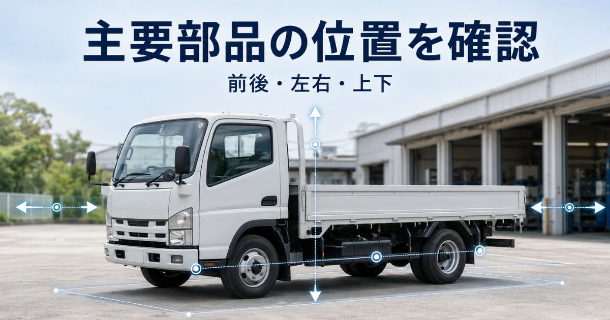 無地のトラックを側面から示し、主要部品を前後・左右・上下の位置関係で確認する考え方を表したアイキャッチ
