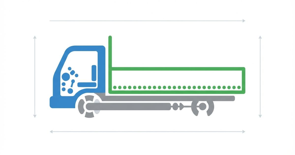 トラックをキャブ・シャーシ・荷台に分けて主要部品の位置関係を示す図解