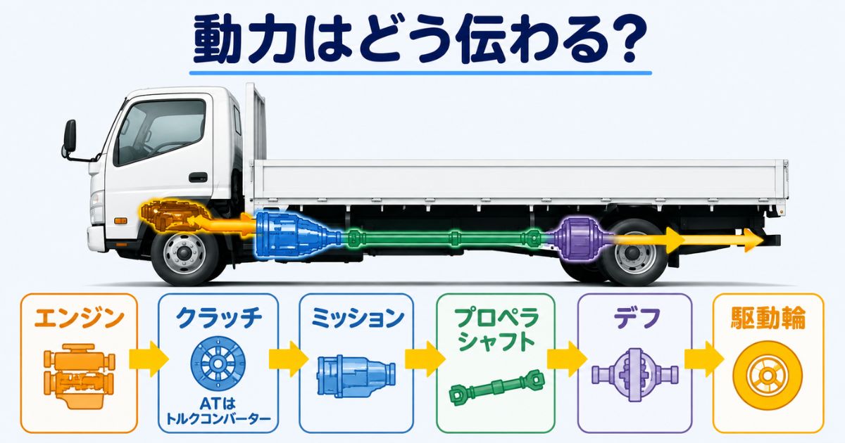エンジンからクラッチ、ミッション、プロペラシャフト、デフを通って駆動輪へ動力が伝わる順番