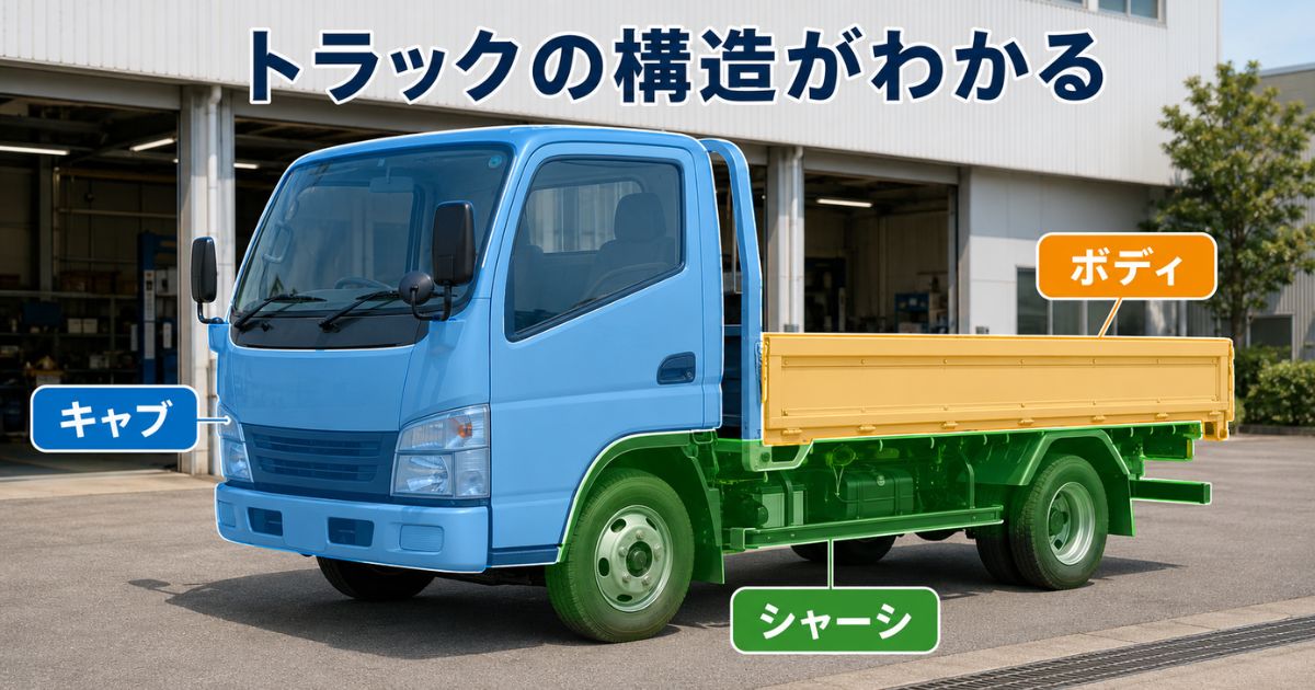 トラックの基本構造をキャブ・シャーシ・ボディの3部分に分けて示した図解