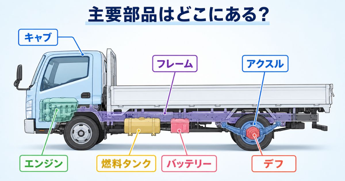 トラック側面からキャブ・エンジン・フレーム・燃料タンク・バッテリー・アクスル・デフの位置を示した図解