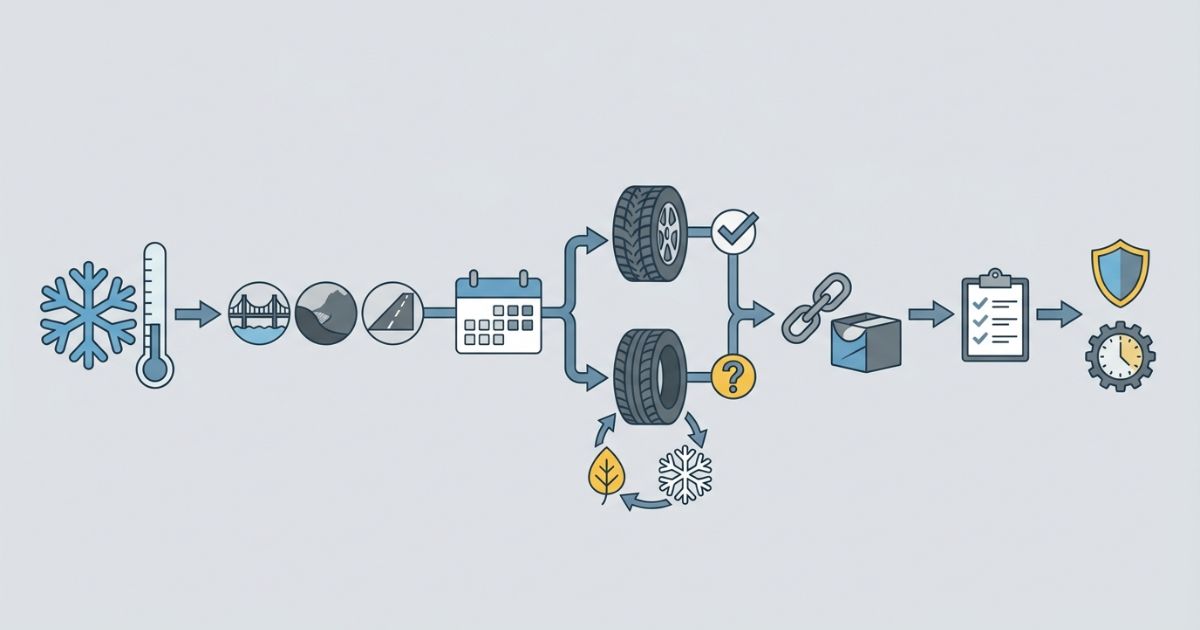 走行地域と凍結条件と走行頻度からスタッドレス必要性と交換時期とチェーン併用を判断する流れの図解