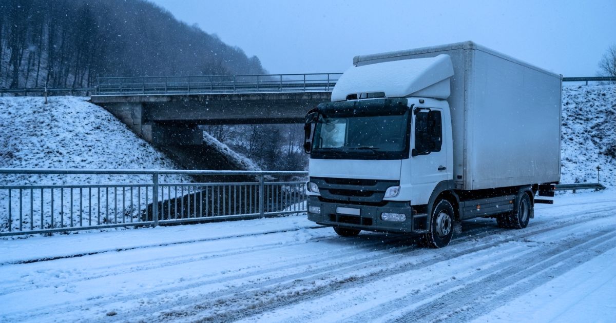 冬の雪道で業務用トラックが走行準備している雰囲気を伝える写真イメージ