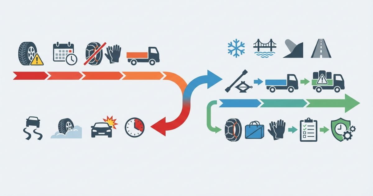 スタッドレス過信や交換遅れやチェーン未準備などの失敗分岐と安全運用の流れを示す図解（