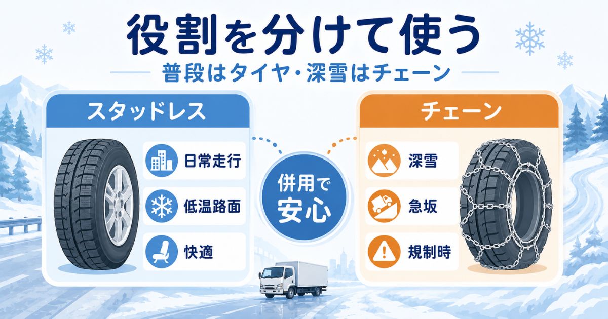 スタッドレスタイヤとチェーンの役割の違いを比較する図解