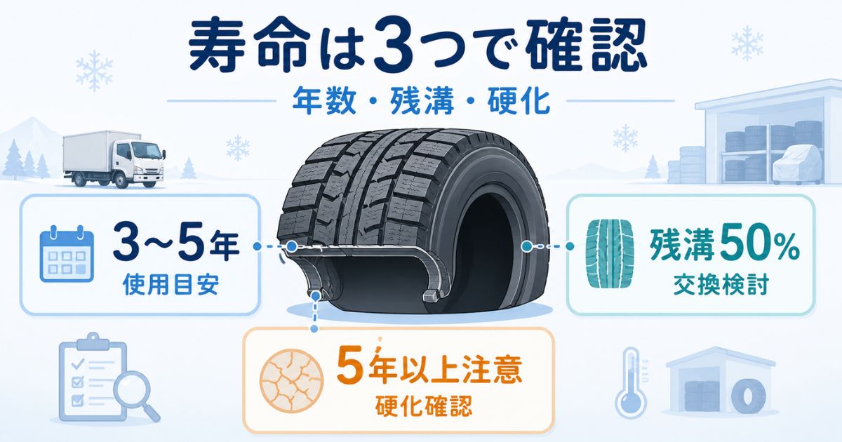 スタッドレスタイヤの使用年数と残溝とゴム硬化を確認する寿命チェック図解