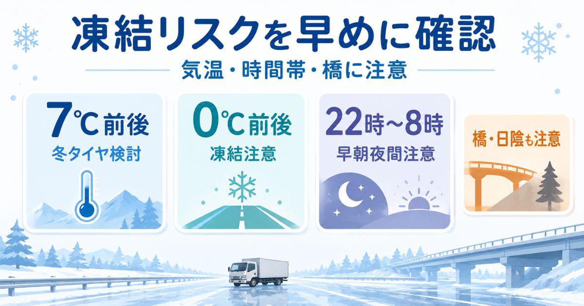 気温7℃前後や0℃前後や早朝夜間など冬道の凍結リスクを示す数値カード図解