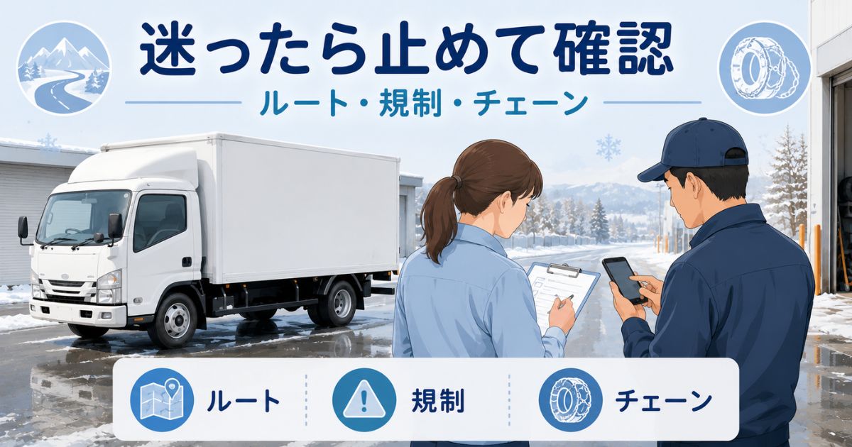 冬道運行前にルートや規制やチェーン携行を相談して確認する安全確認画像