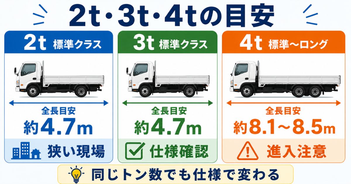 2t・3t・4tトラックの全長目安とサイズ感を比較する図解