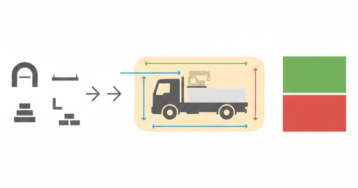 現場条件と外寸（全長・全幅・全高）を照合して可否判断する流れの図解