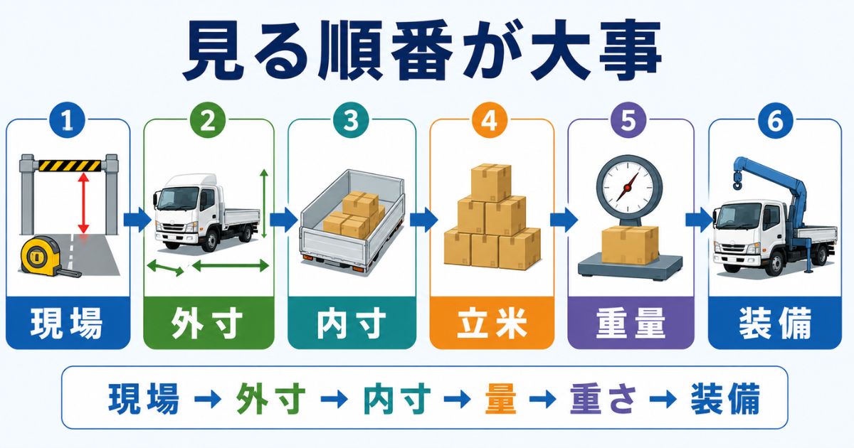 現場条件から車両外寸、荷台内寸、立米、積載量、装備条件へ確認する順番の図解