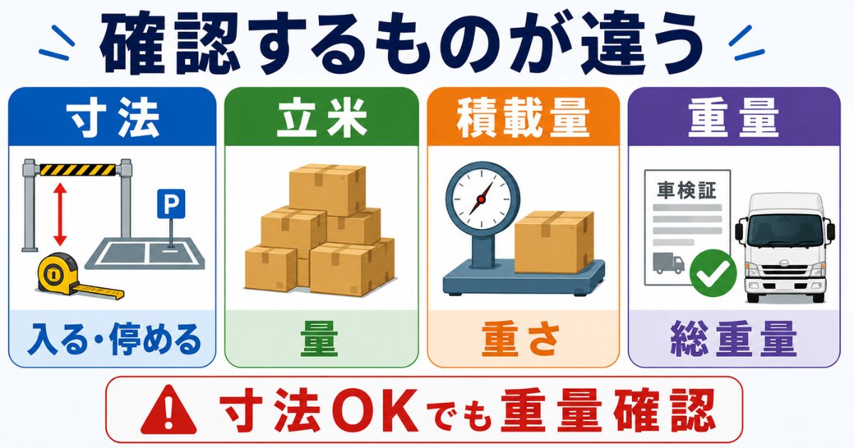 寸法・立米・積載量・重量で確認する内容の違いを整理した図解